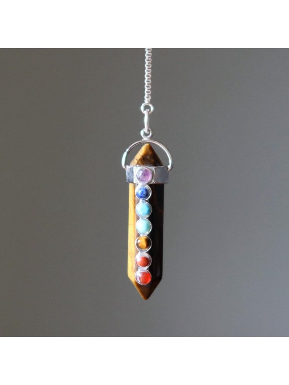 Tigers Eye Necklace Chakra Pendulum Go Sterling Silver Crystal Point Jewelry